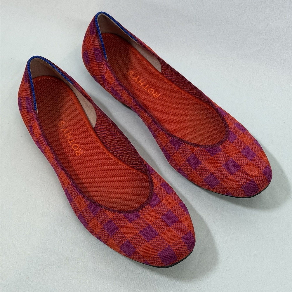 Rothys Size-10 Women Ballet Flat The Square Pomegranate Gingham Orange Plaid - Picture 2 of 10